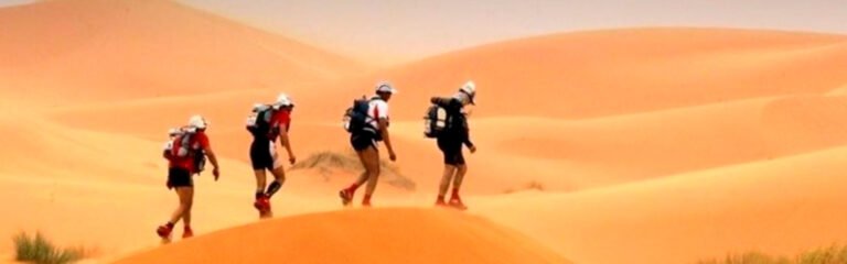 Fotos de 4 pessoas andando no deserto.