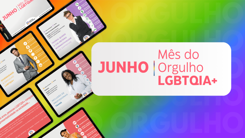 Em fundo degradê arco-iris, prints de páginas do guia alinhadas na diagonal, na metade esquerda. A direita, caixa de texto branca com os dizeres em rosa "Junho: Mês do Orgulho LGBTQIA+ #LGBTQIA+ #ParadaDoOrgulhoLGBT #DiversidadeSexual #IdentidadeDeGenero #Transgenero